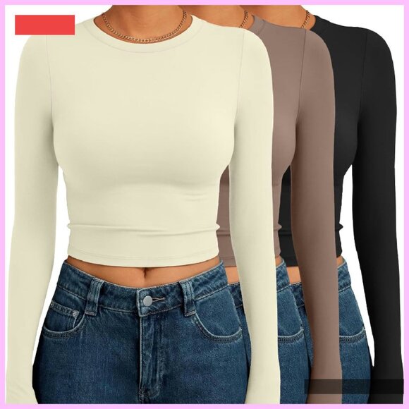 3 Pack Long Sleeve Crop Tops Slim Fitted Y2K Fashion Fall Outfits - Picture 1 of 4